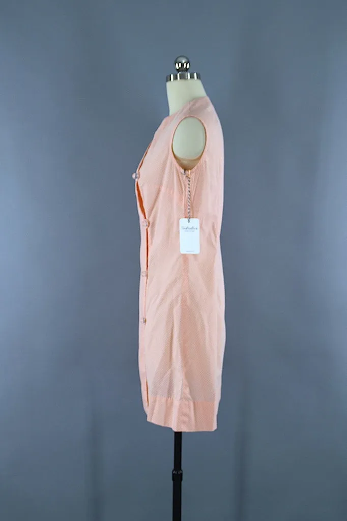 Vintage 1960s Wrap Day Dress / Peach & White Swiss Dot