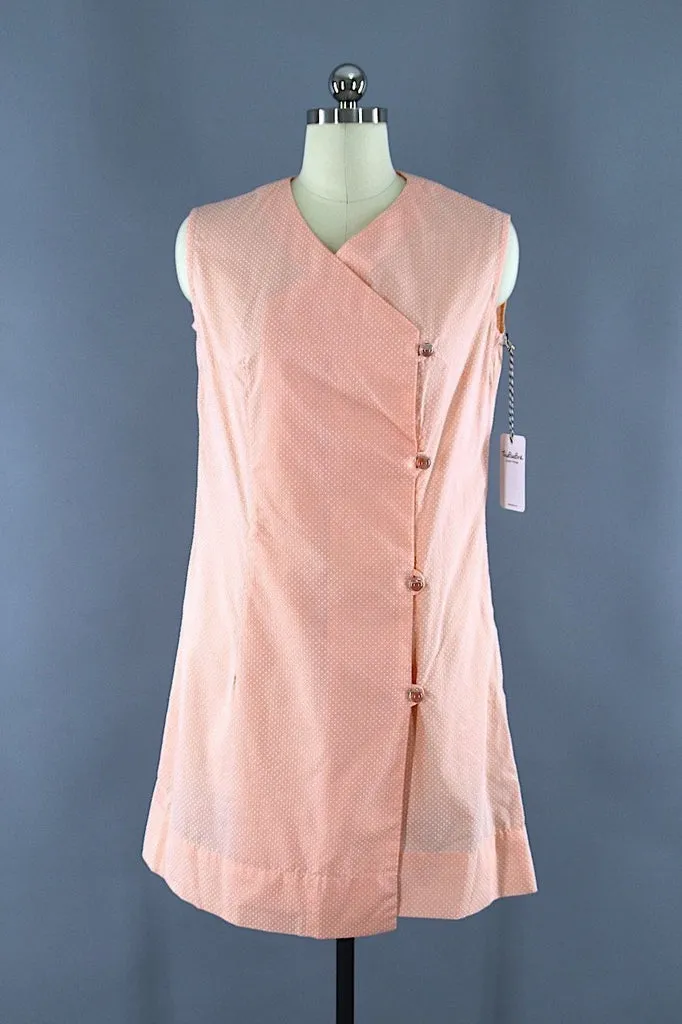 Vintage 1960s Wrap Day Dress / Peach & White Swiss Dot