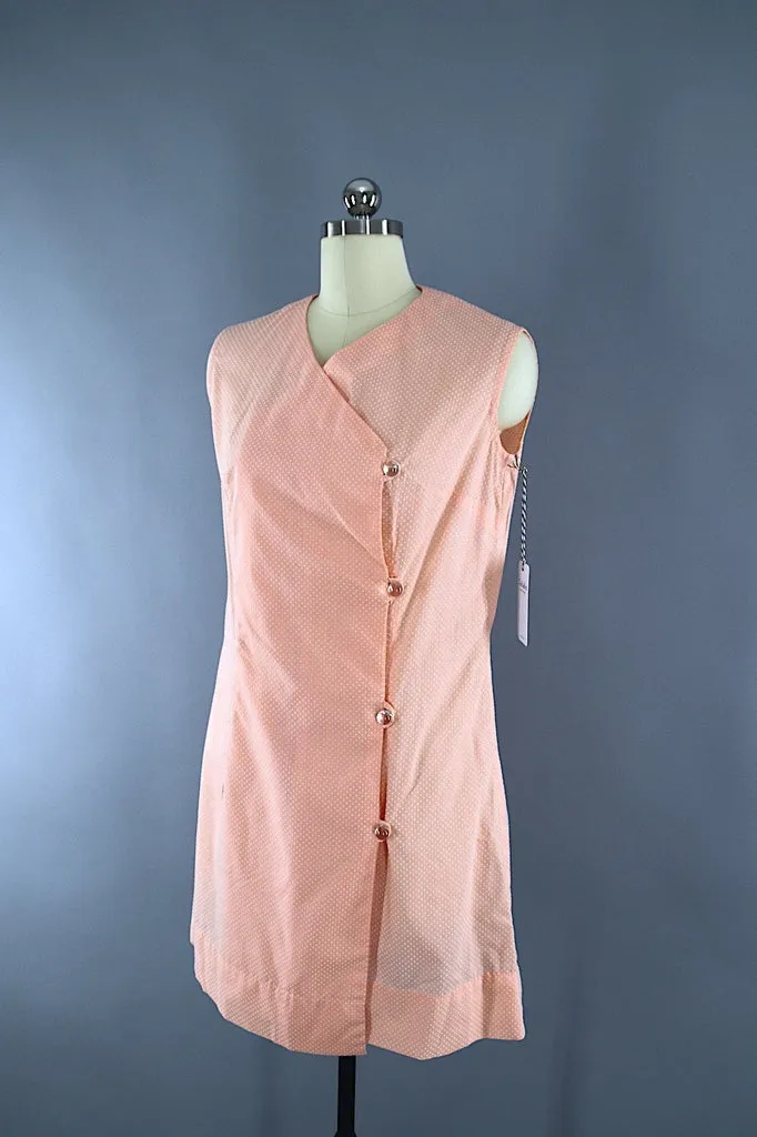 Vintage 1960s Wrap Day Dress / Peach & White Swiss Dot