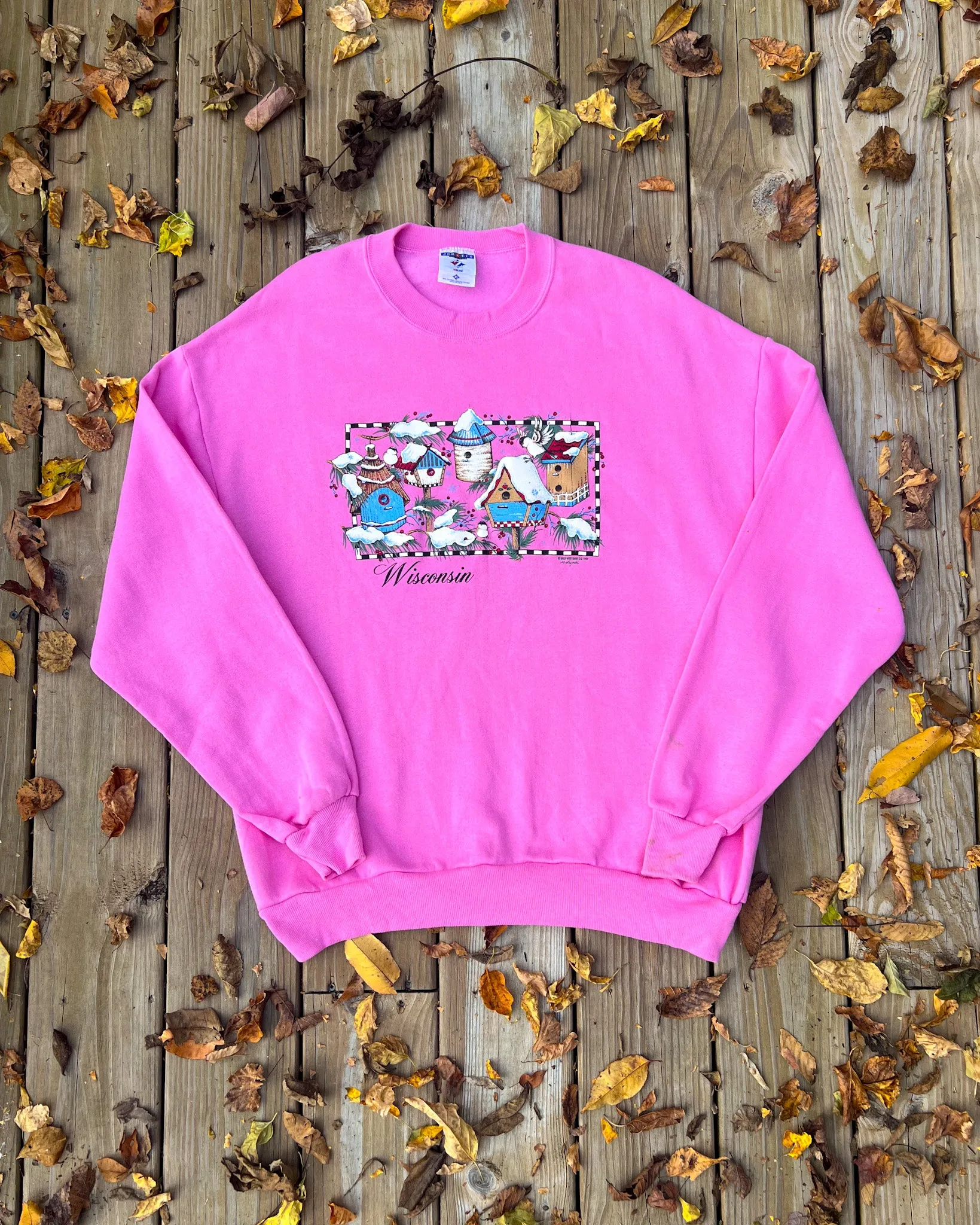 Vintage Snowy Birdhouse Pink Crewneck