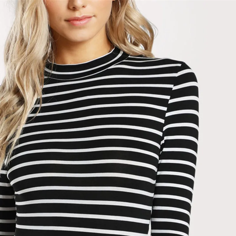 Women Mock Neck Striped Bodysuit