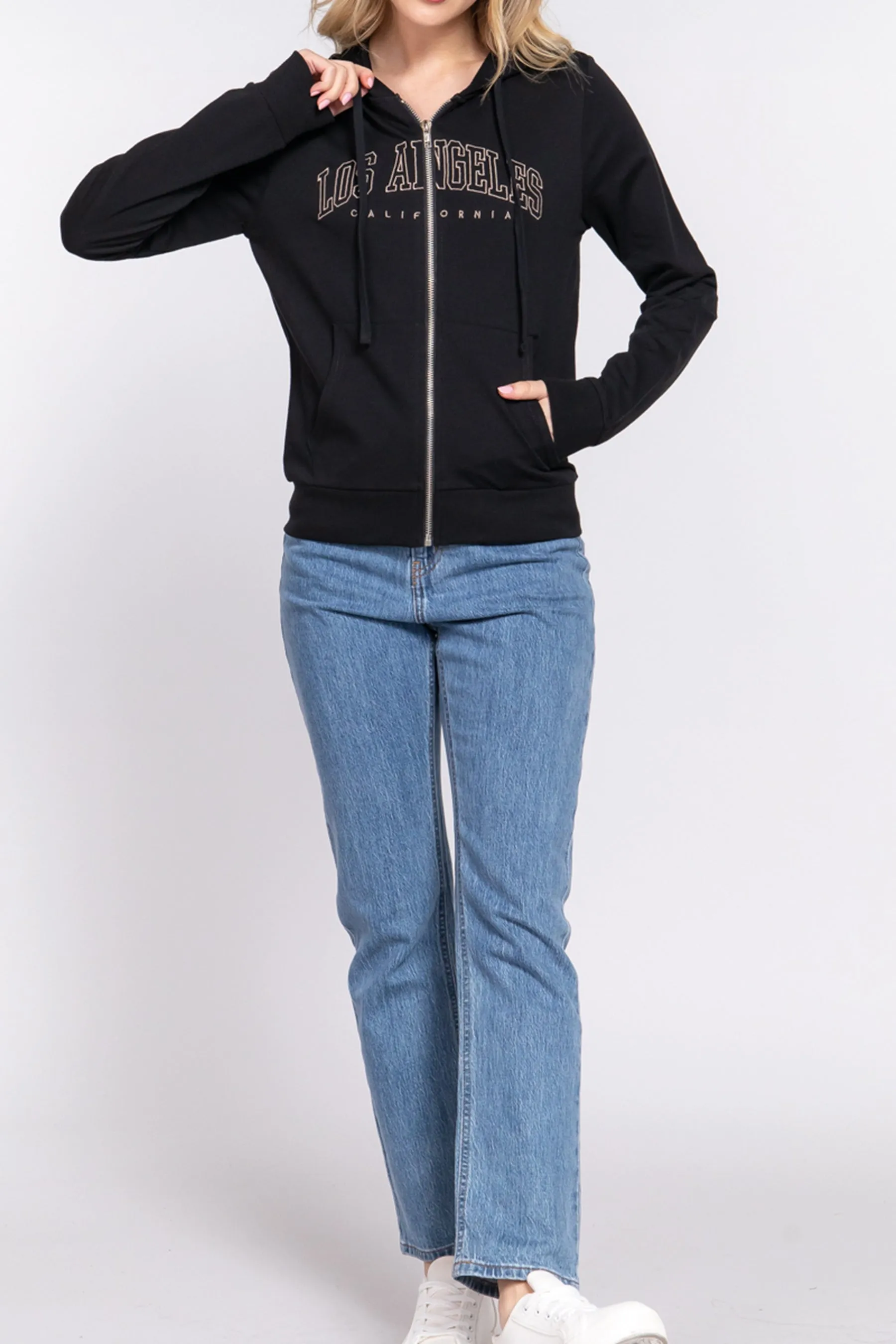 Women's French Terry Hoodie Jacket Long Sleeve with Embroidery