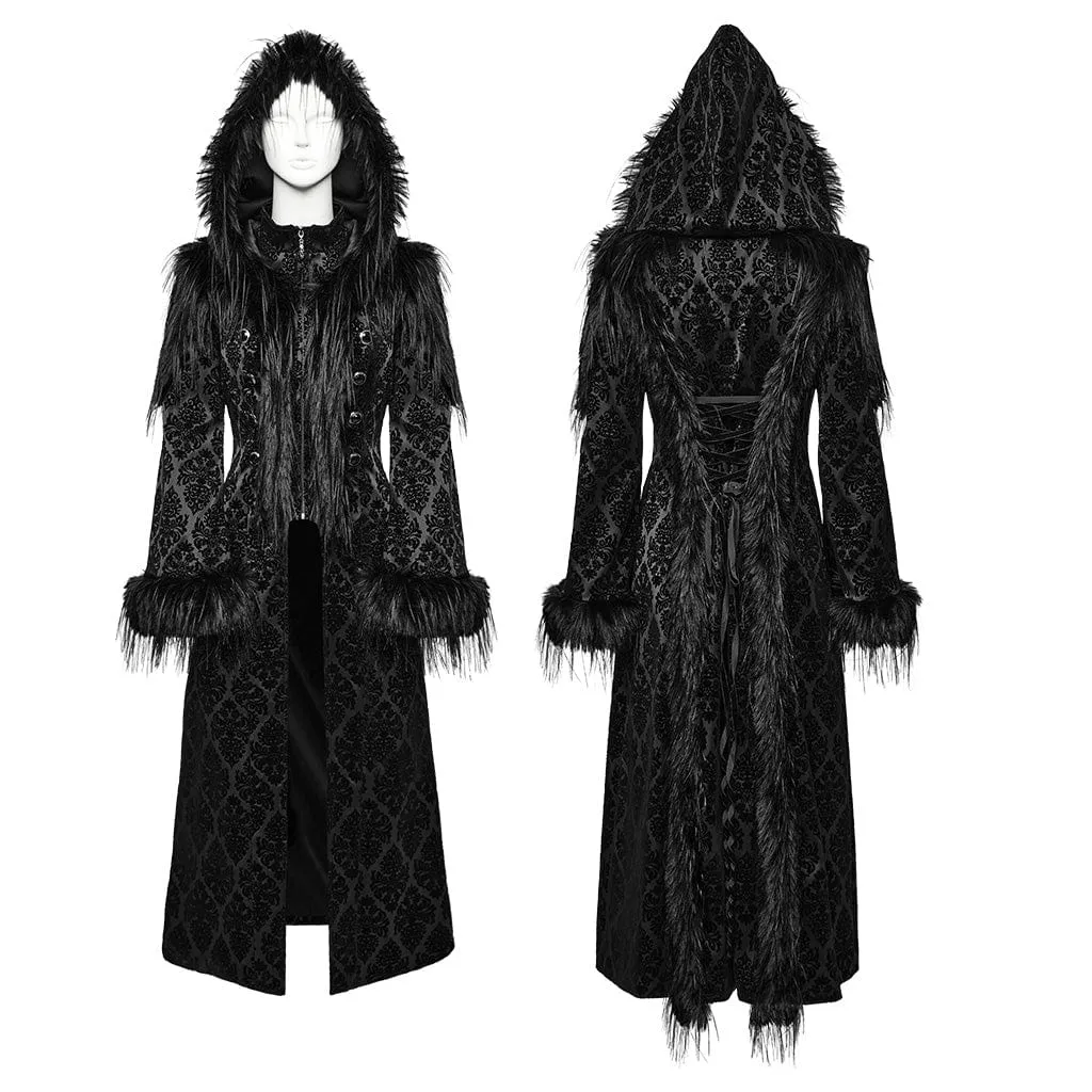 Women's Gothic Faux Fur Splice Jacquard Coat with Hood