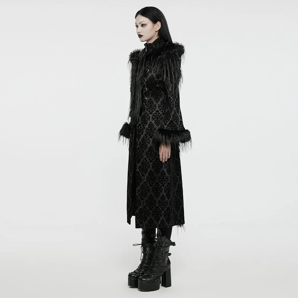 Women's Gothic Faux Fur Splice Jacquard Coat with Hood