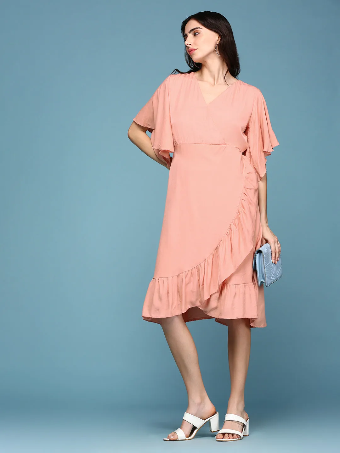 Women's Peach Solid Wrap Dress