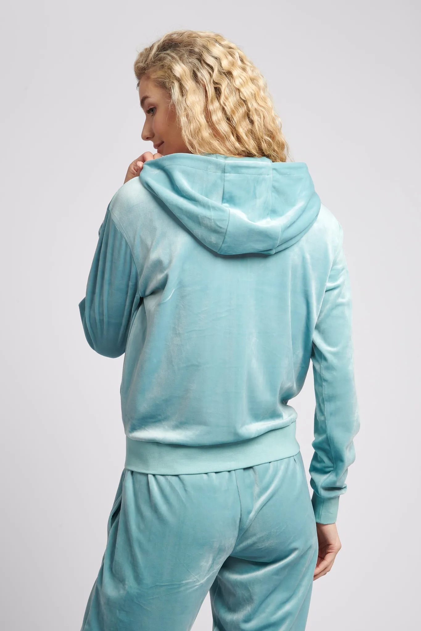 Womens Velour Diamante Zip-Through Hoodie in Cameo Blue