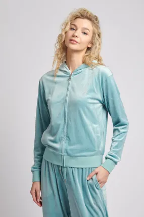 Womens Velour Diamante Zip-Through Hoodie in Cameo Blue