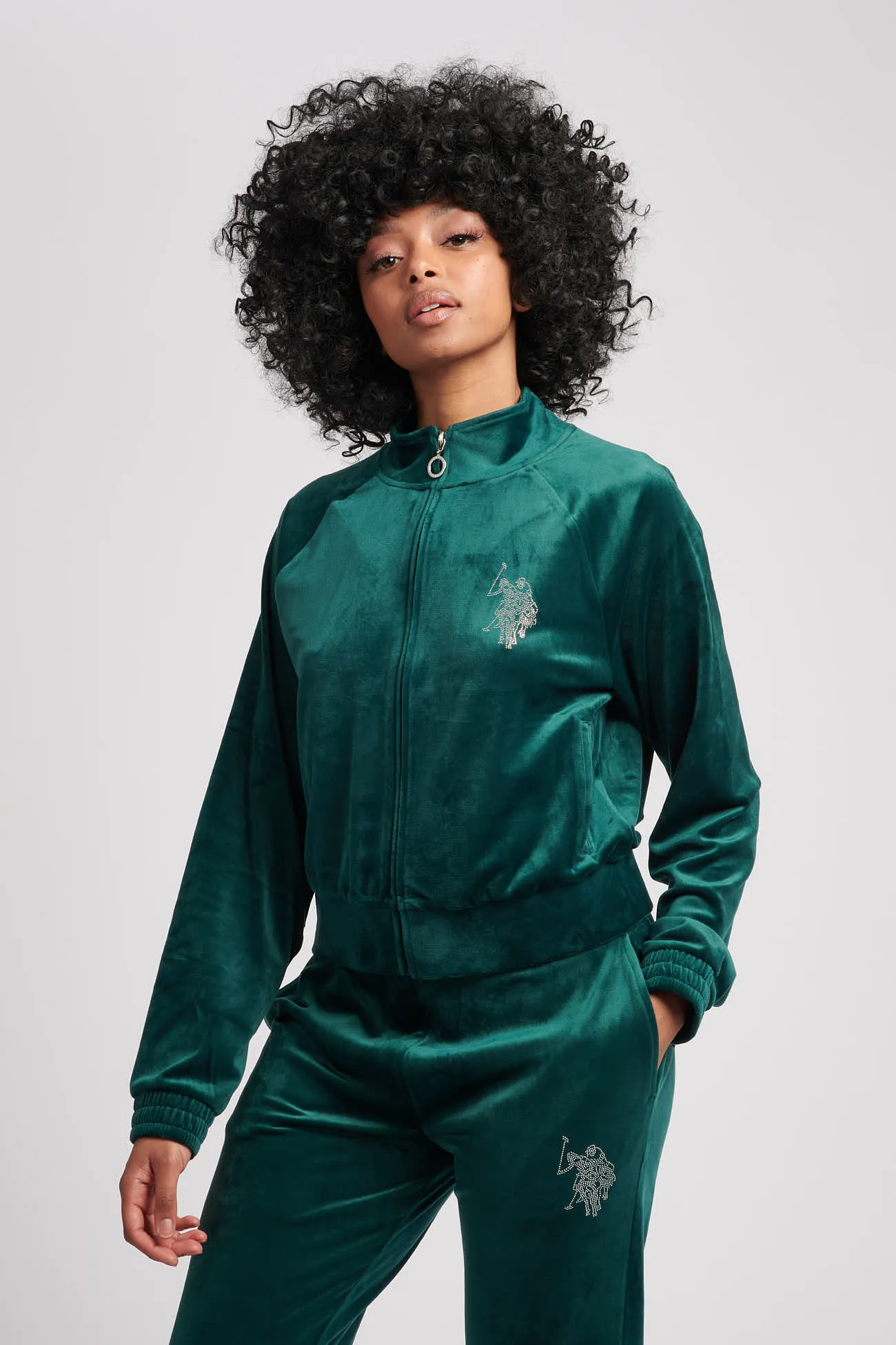 Womens Velour Diamante Zip-Through Hoodie in Ponderosa Pine