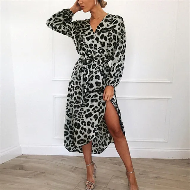 Wrap Leopard Printed Slit Long Dress