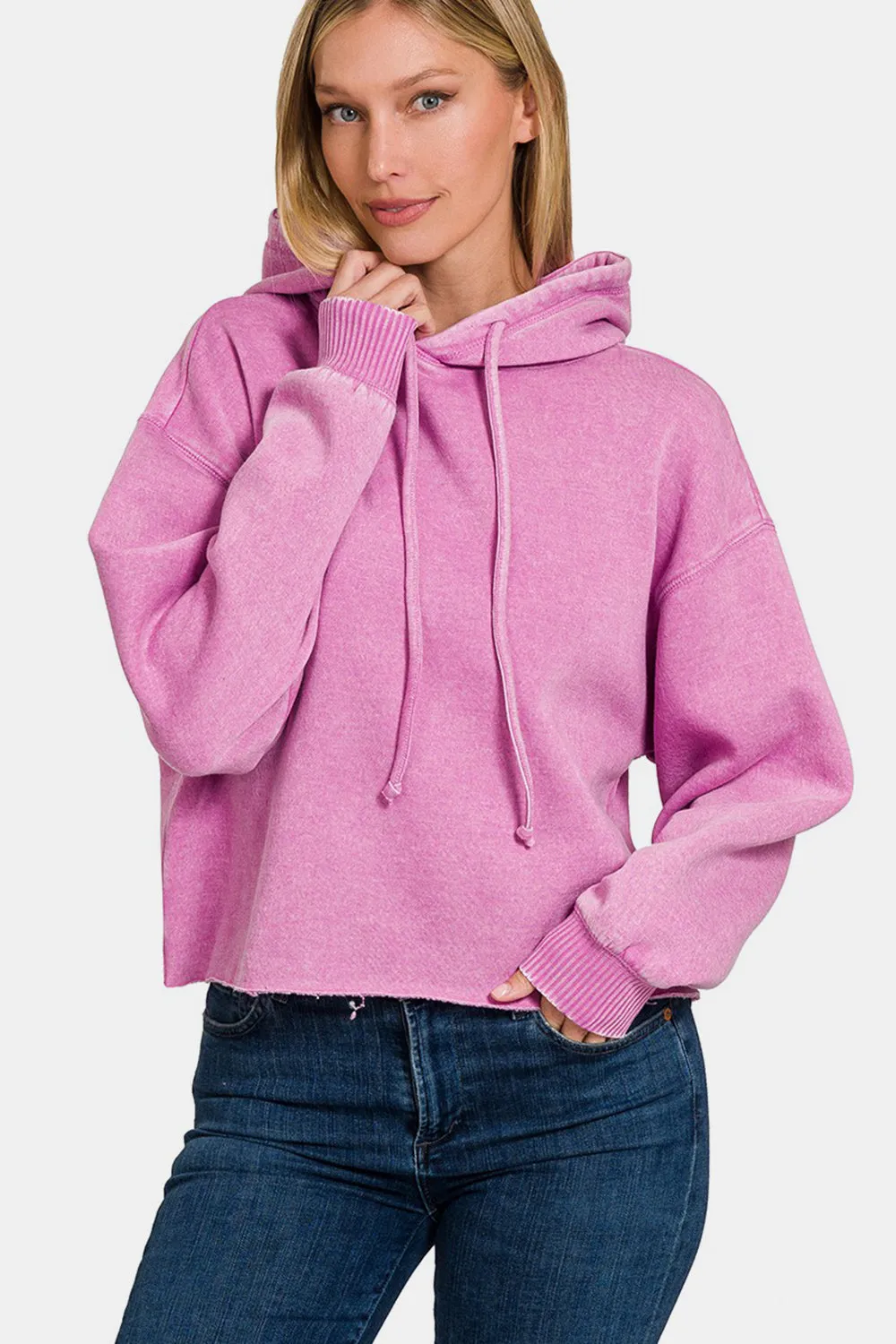 Zenana Acid Wash Fleece Cropped Hoodie